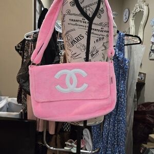 CHANEL Pink Plush Crossbody Bag with White CC Logo